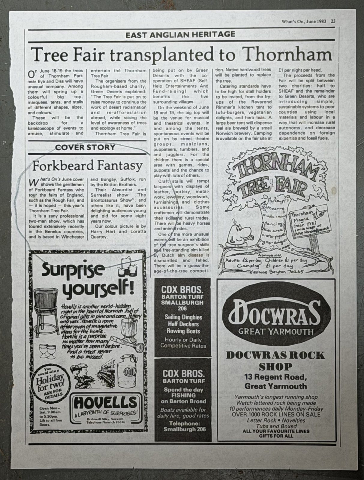 Newspaper page: Tree Fair transplanted to Thornham, with a Forkbeard Fantasy notice